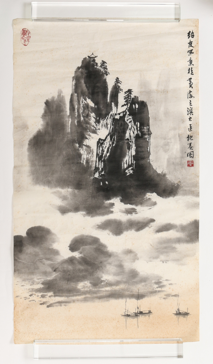 【洛座】【真作】中国 書画 傅紹友 捲り 山水 川 ＜傅抱石 ◆508_画像1