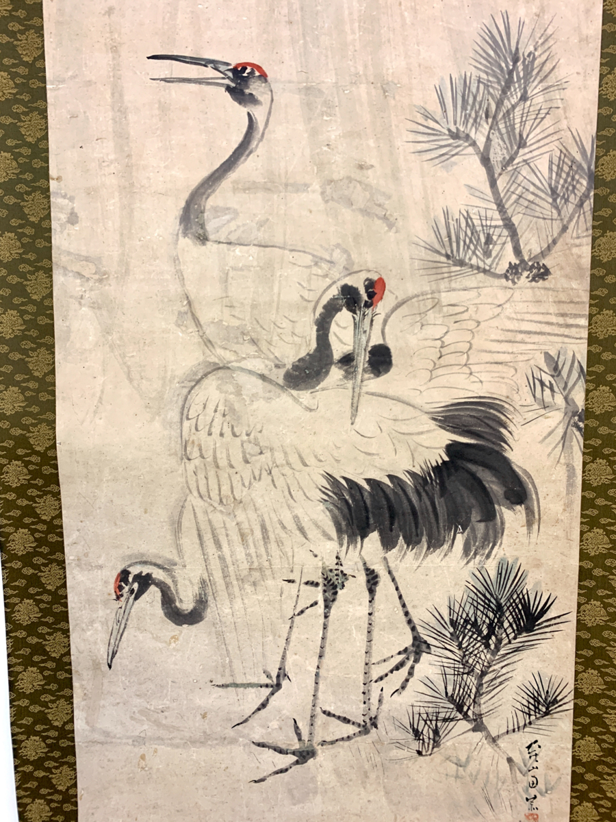 【洛座】【真作】京都 丹後 宮津 画家 和田屏山 三羽鶴 掛軸 ＜岸駒鳥 ◆771_画像6