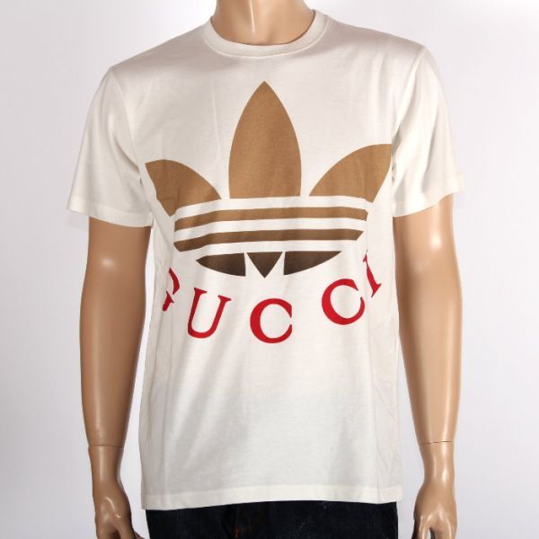 【CU】adidas x Gucci アディダス グッチ コラボ 限定 Tシャツ オフホワイト 548334 xje7a 9275 XSサイズ ロゴ 半袖トップス 新品_画像1