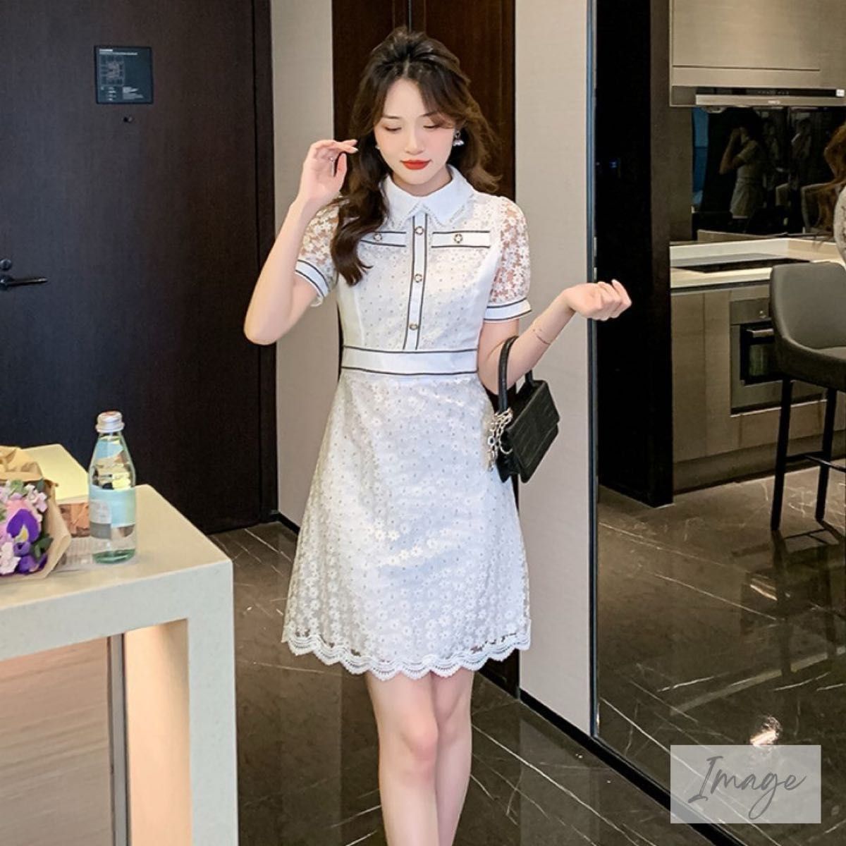 Mサイズ ワンピース レース 花柄 ミニ丈 半袖 襟付 韓国 Mサイズ ワンピース レース 花柄 ミニ丈 半袖 襟付 韓国