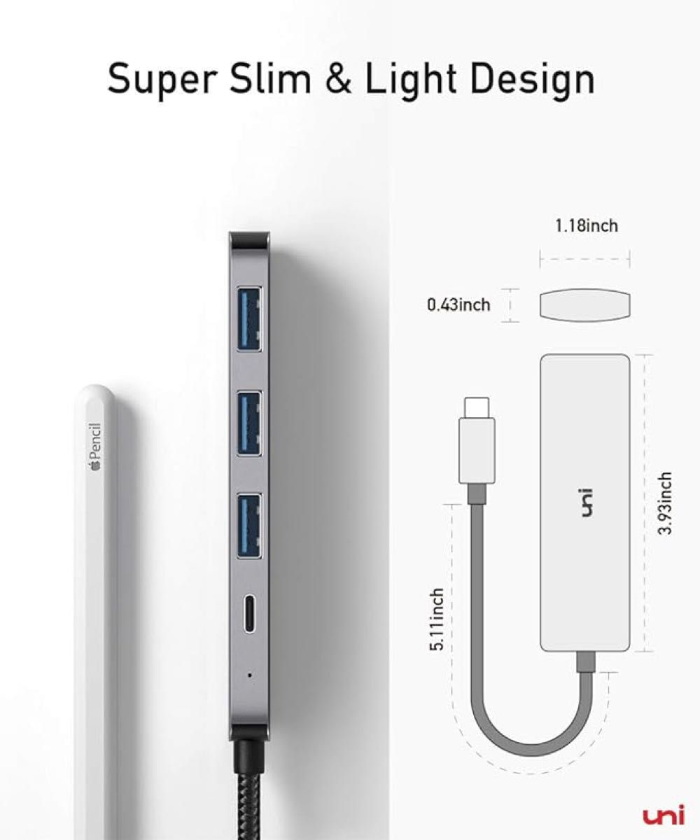 USB Cハブ　uni 4-in-1 3つのUSB 3.0ポート 100W USB-C PD充電ポート Thunderbolt 3