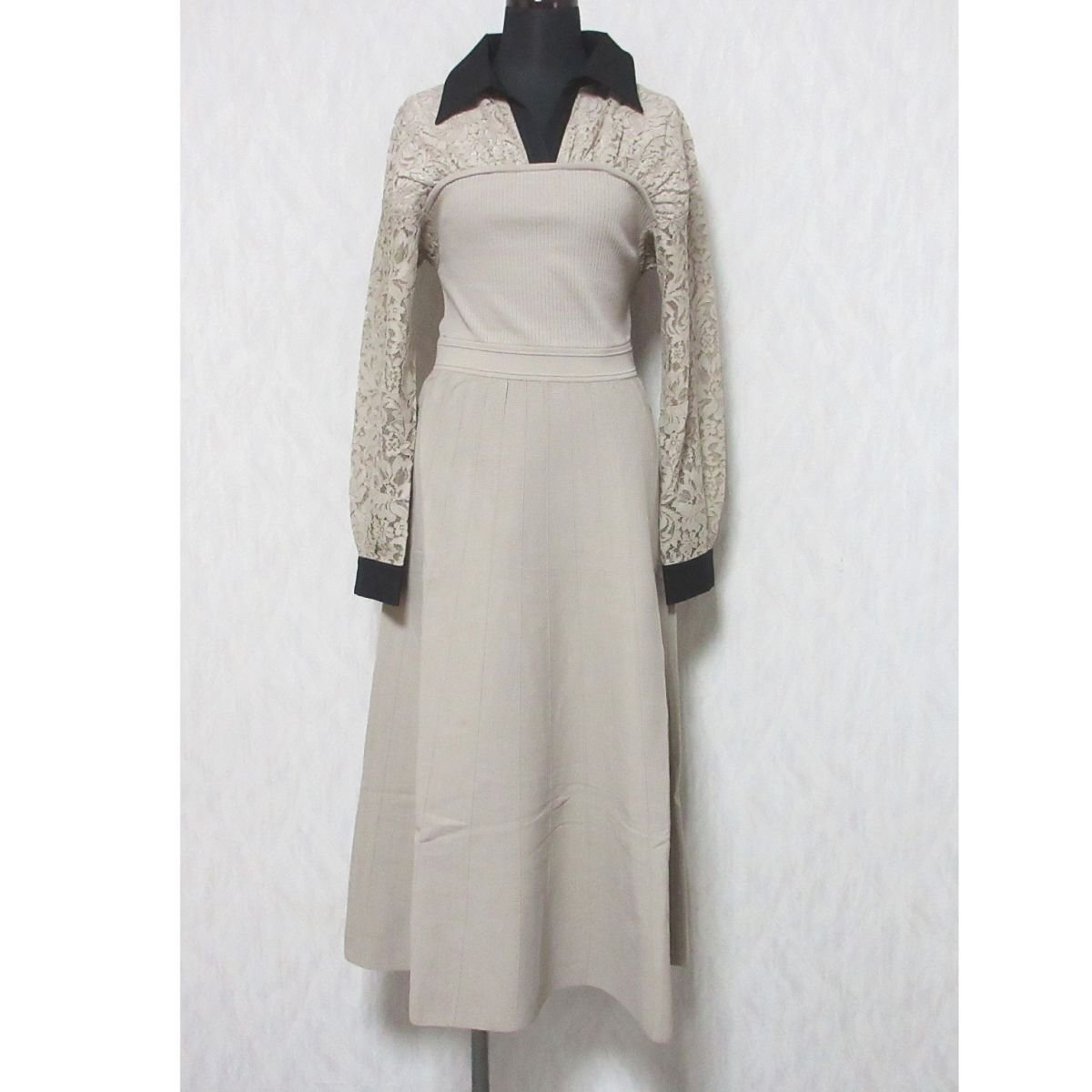  unused translation have 23AW Diagram Diag Ram Grace Continental long sleeve maxi height race Layered knitted One-piece 36 beige *