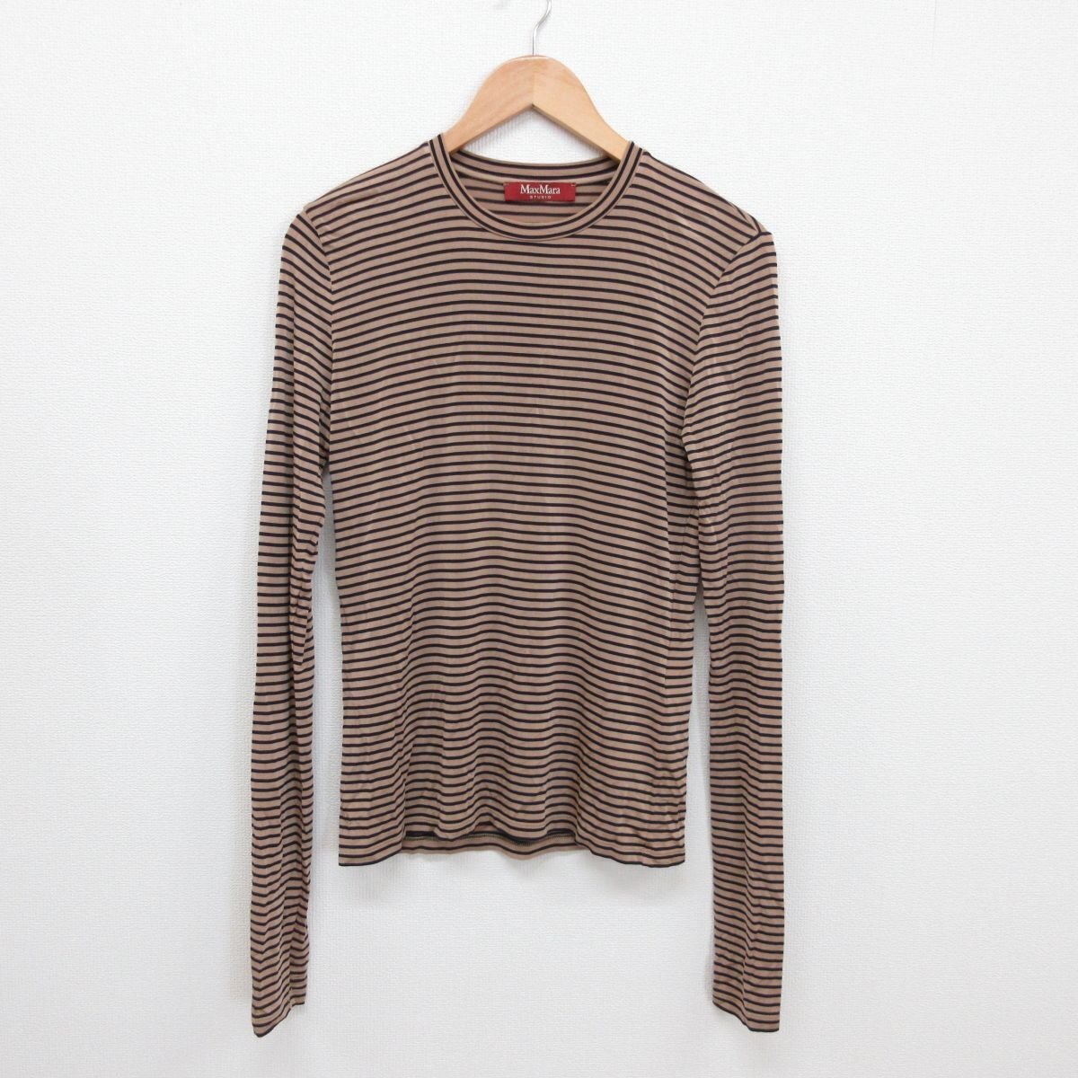 新品同様 23AW Max Mara マックスマーラステュディオ ボーダー柄 クルーネック 長袖 カットソー Tシャツ M ブラウン×ブラック ◆_画像1