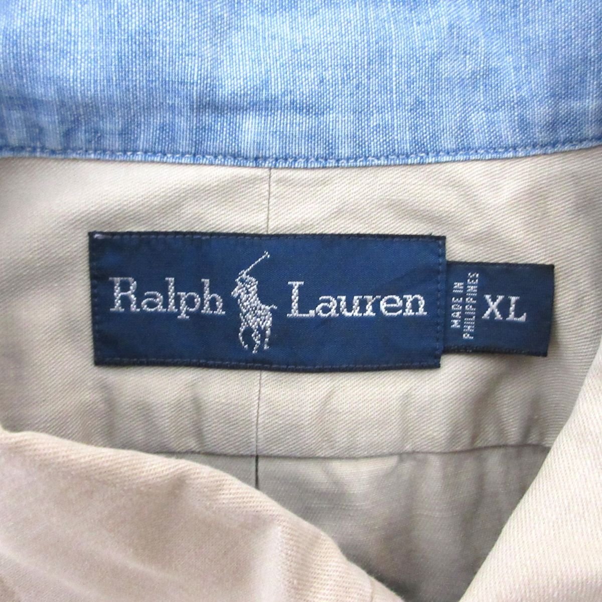 美品 Ralph Lauren ラルフローレン ワンポイントロゴ ラウンドヘム 長袖 ボタンダウンシャツ XLサイズ ベージュ ◆_画像4