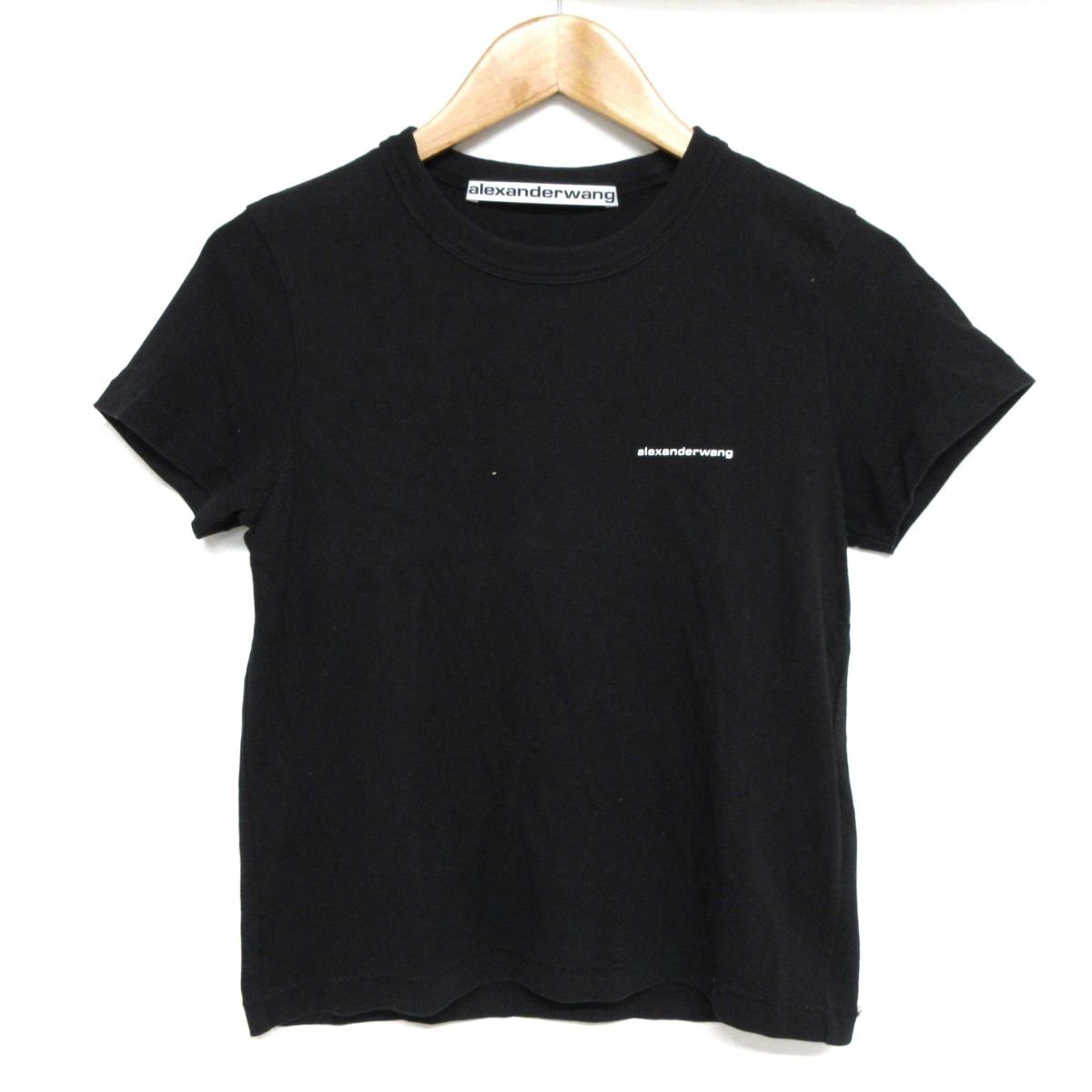 美品 alexanderwang アレキサンダーワン 胸ロゴ クルーネック 半袖 ハイツイストジャージー シュランケン Tシャツ XS ブラック_画像1