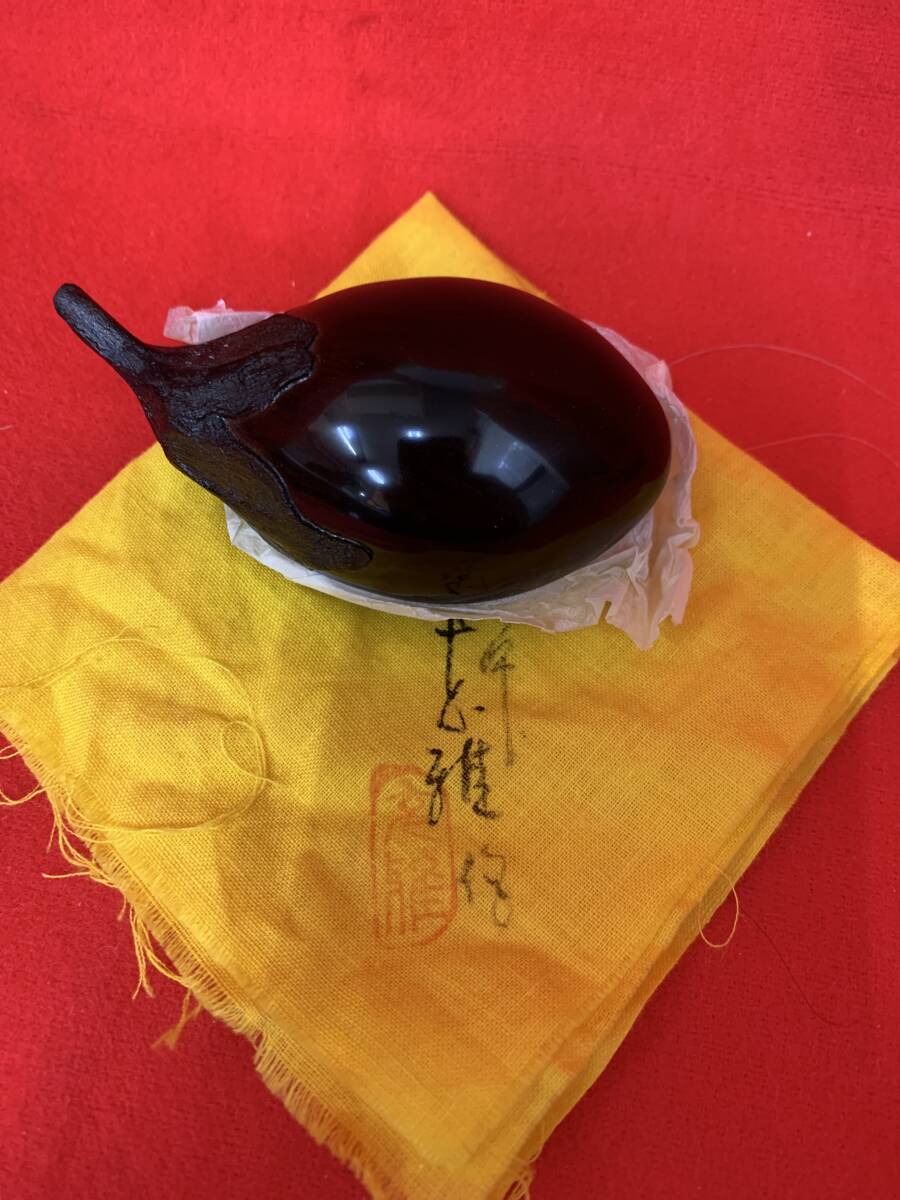 N491　輪島塗　茶道具　漆造り　茄子香合　川岸克雄　共布　共箱　美品_画像2