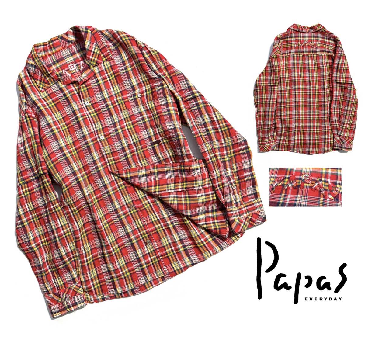 美品【定価3万超】Papas パパス リネン チェック シャツジャケット 48(M) メンズ【ロゴワッペン】送料520円 高清涼感 麻100％ 日本製_画像1