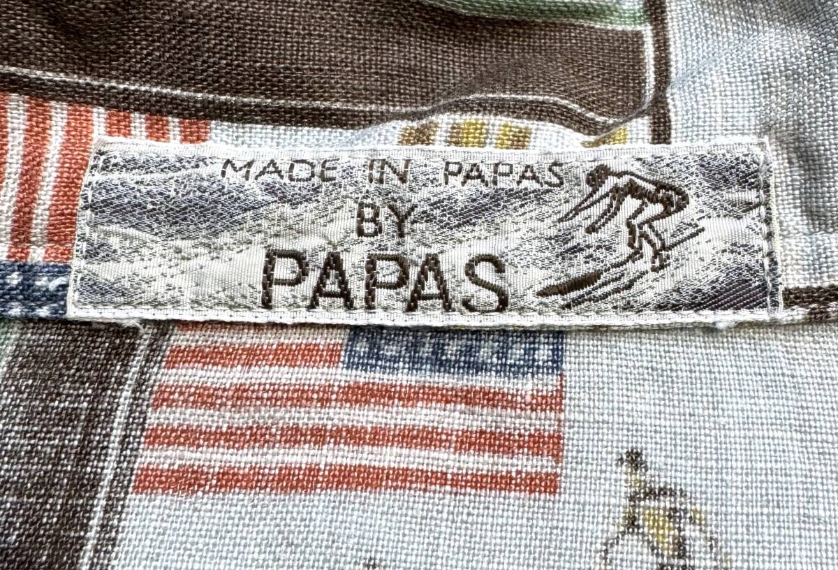 美品【定価3万】Papas パパス リネン 半袖シャツ M (L相当) メンズ 麻100％ 総柄【クラシックサーファー 星条旗柄】送料370円 日本製_画像7