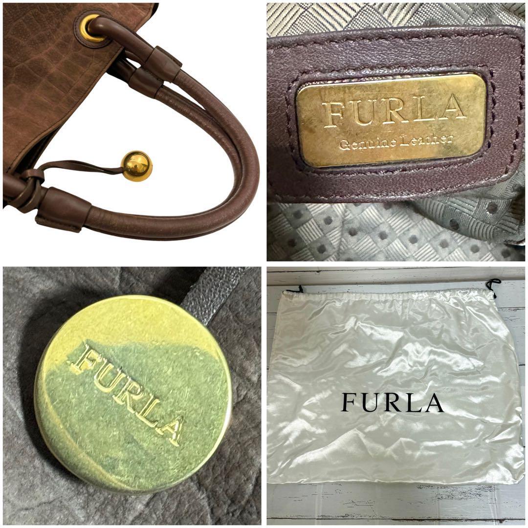 【美品】FURLA フルラ ハンドバッグ トートバッグ レザー 型押し クロコ ブラウン 茶系 保管袋 チャーム A4 大容量 メンズ レディース