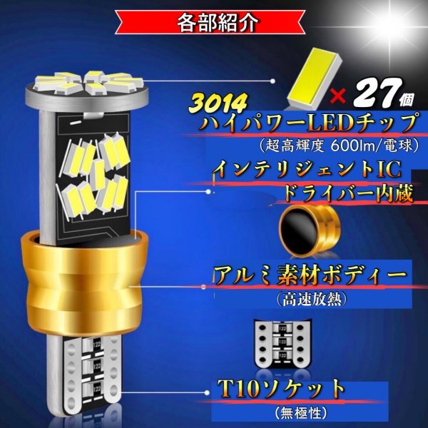 T10 T16 LED バルブ ウェッジ ホワイト 4個 爆光 27連 12V CANBUS キャンセラー ポジション ナンバー灯 メーター パネル球 明るい 車検対応_画像3