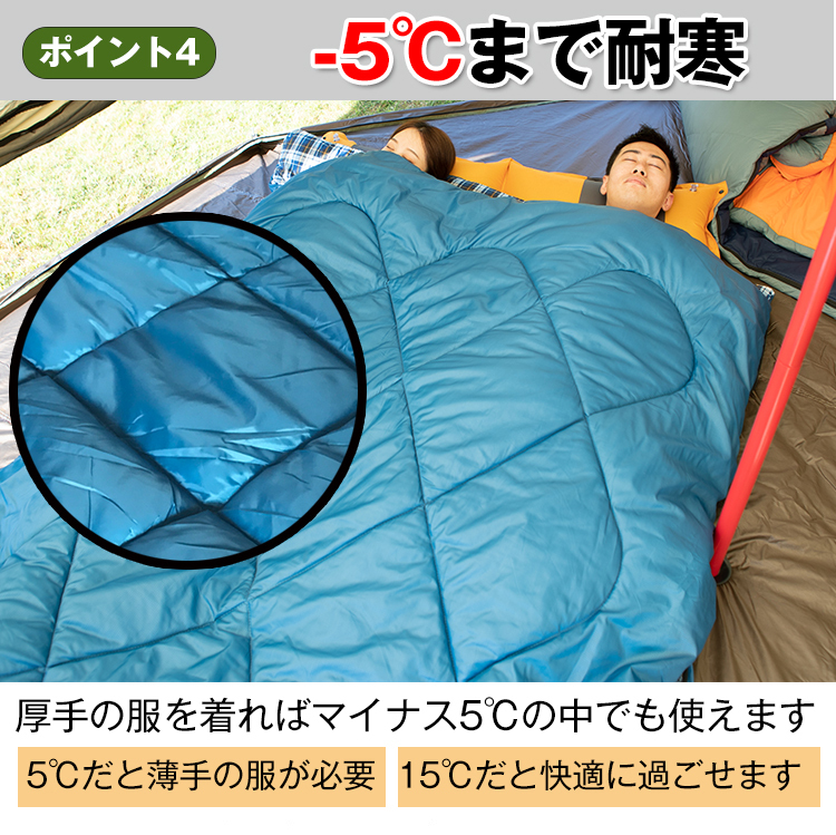 1円寝袋 シュラフ 2人用 封筒型 冬用 3kg キャンプ 車中泊 防寒 アウトドア 収納 防災 臨時 布団 家族 カップル プレゼント ad083の画像5