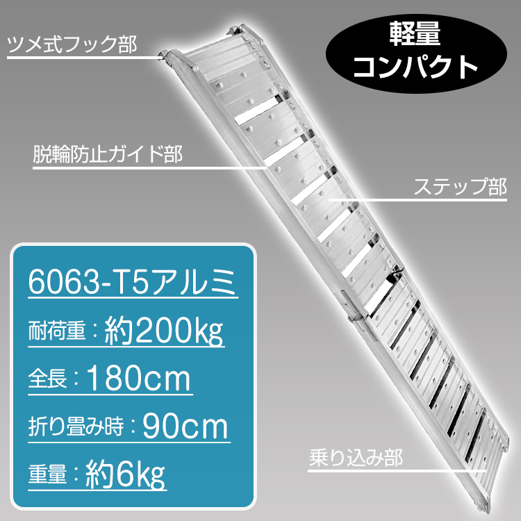 訳あり アルミ ラダー スロープ レール バイク 車 幅広 折りたたみ 滑り止 梯子 軽量 ブリッジ ツメ式フック 歩み板 バギー 農機具 ny514-w_画像3