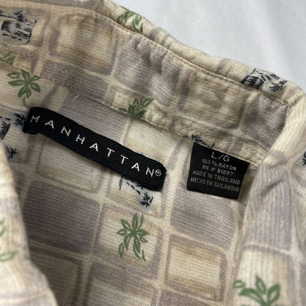 US Vintage 90s MANHATTAN レーヨン100% くすみカラー エスニック ブロック リーフ柄 総柄 デザインシャツ 