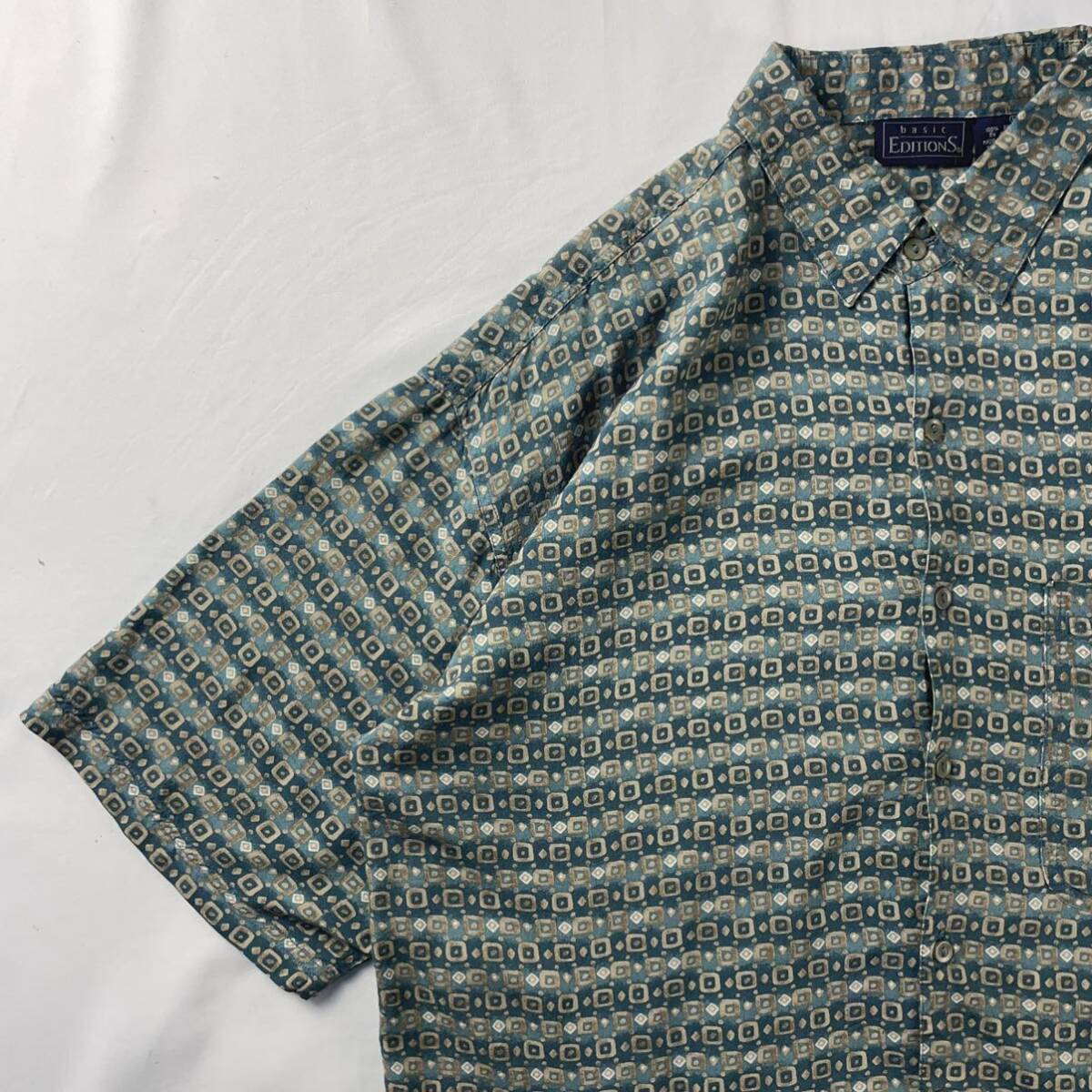 US Vintage 90s basic EDITIONS レーヨン100% くすみカラー エスニック 民族 幾何学模様 総柄 デザインシャツ 