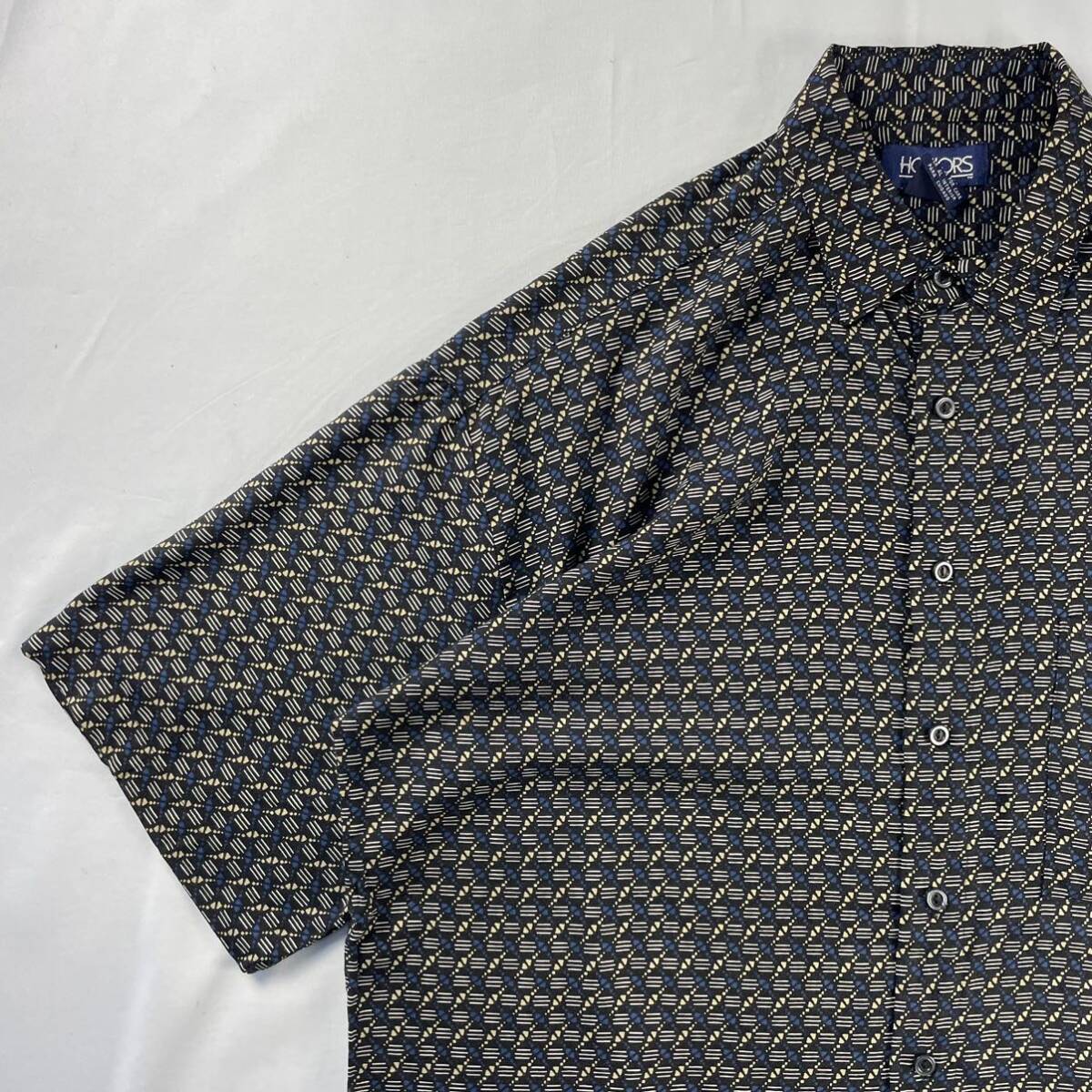 US Vintage 90s HONORS レーヨン100% アート 抽象 幾何学模様 総柄 デザインシャツ