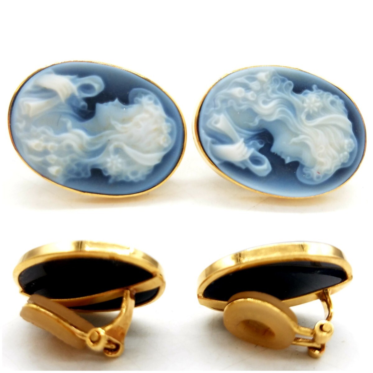 ☆18金☆ カメオ K18 刻印有 イヤリング 総重量約6.51g CAMEO 18K 金18 ストーンカメオ ジュエリー アクセサリー ブルー系 ゴールド_画像4