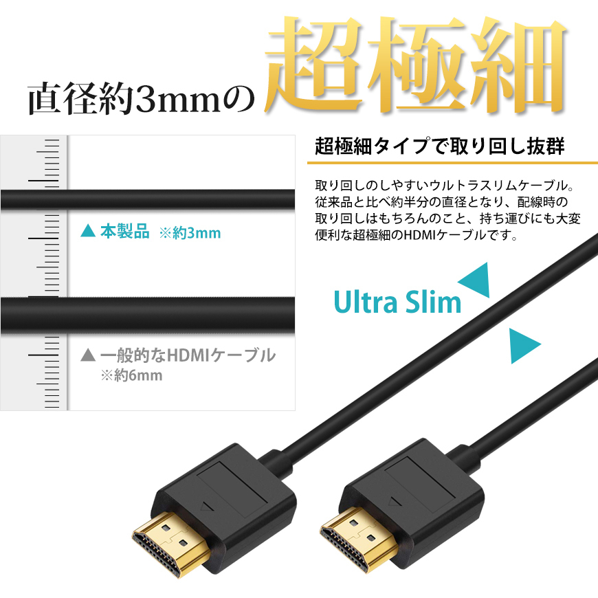 HDMI cable Ultra slim 1.5m 150cm super superfine diameter approximately 3mm Ver2.0 4K 60Hz Nintendo switch PS4 XboxOne cat pohs free shipping 