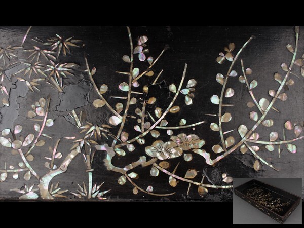  Joseon Dynasty hour substitute article black paint mother-of-pearl skill length person tray ea09