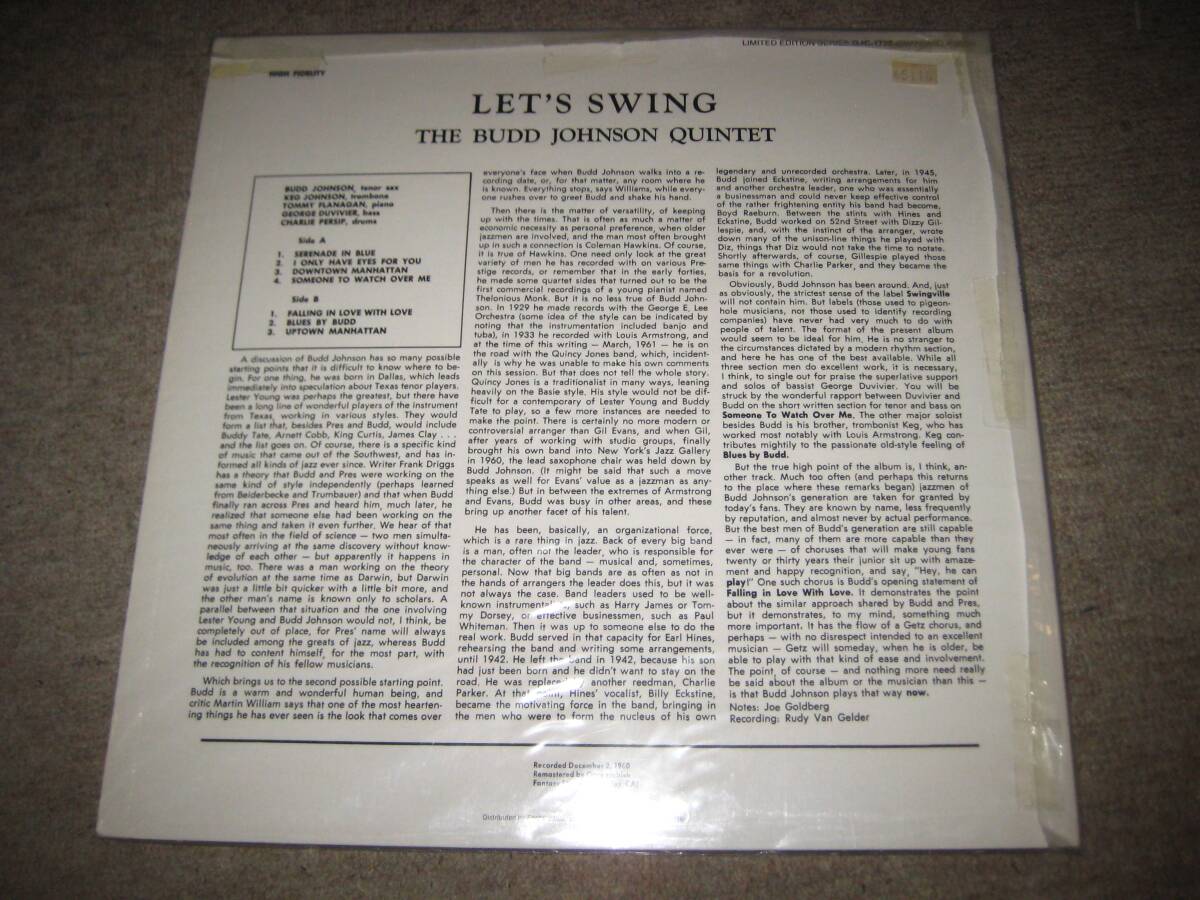 ★名盤！LET'S　SWING！／THE　BUDD　JOHNSON　QUINTET　★PRESTIGE／SWINGVILL★　スウィングヴィル　トミー・フラナガン　US輸入盤_画像4