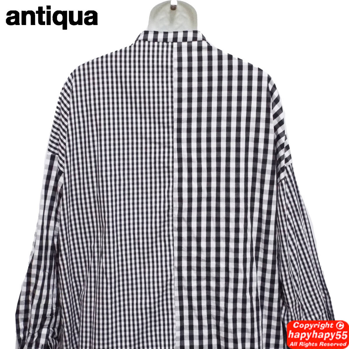 ■antiqua 変形デザイン チェックシャツ◆スタンドカラー プルオーバー オーバーサイズ ビッグシルエット モノトーン 再構築 パッチワーク