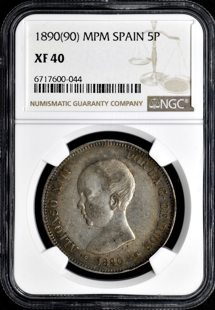 ★土終 【NGC XF40】1890(90)MPM スペイン 5P銀貨 美品 世界コイン 古銭 貨幣 硬貨 銀貨 金貨 銅貨【決済期限火曜日】_画像3