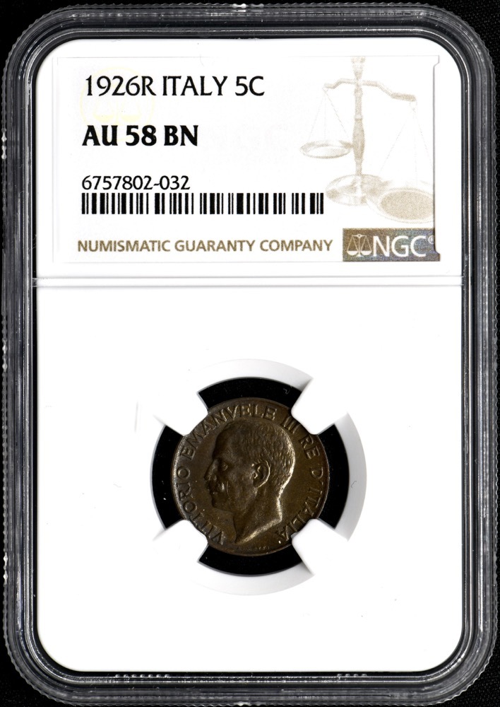 ★日終 【NGC AU58BN】1926R イタリア 5C銅貨 極美品 世界コイン 古銭 貨幣 硬貨 銀貨 金貨 銅貨【決済期限火曜日】_画像3