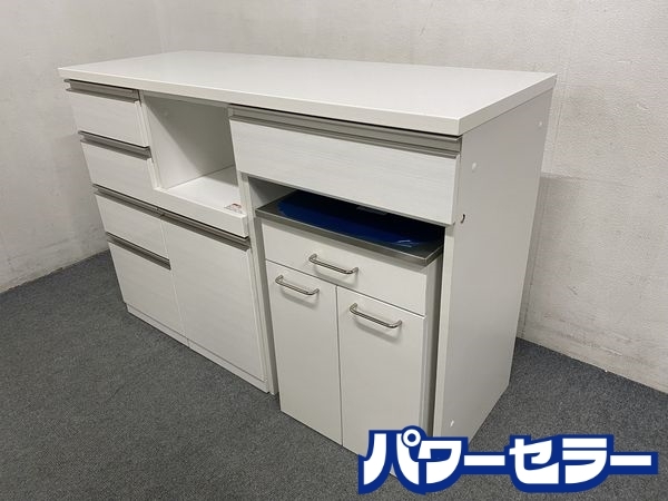 NITORI/ニトリ キッチンカウンター リガーレ 幅140 ダストBOX ソフトクローズ ハイグロスホワイト 食器棚 中古家具 店頭引取歓迎 R8274_画像1