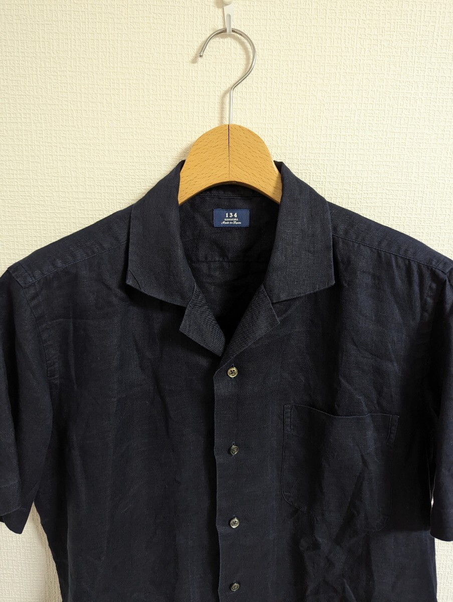 美品　鎌倉シャツ　シャツ　134　カジュアル　半袖　リネン　麻　ネイビー　オープンカラー　メンズ　日本製　M