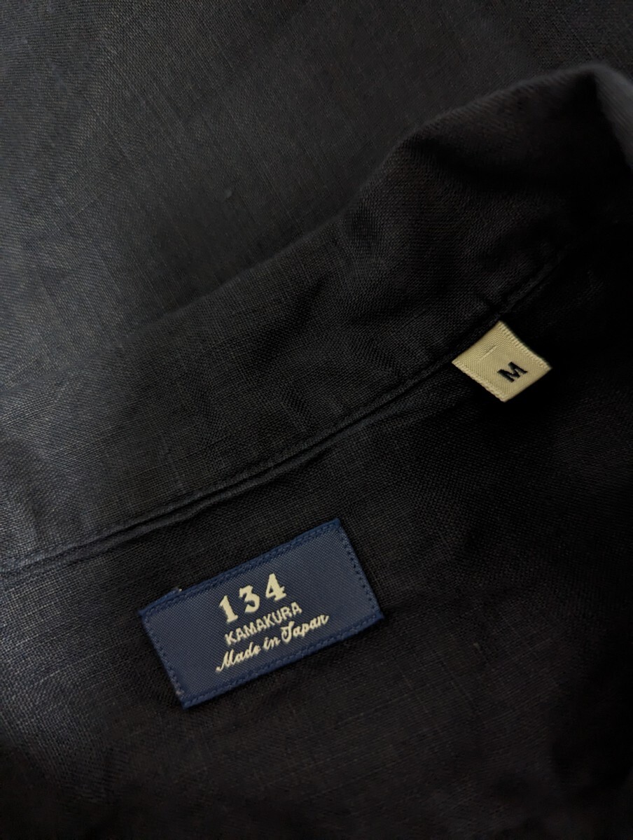 美品　鎌倉シャツ　シャツ　134　カジュアル　半袖　リネン　麻　ネイビー　オープンカラー　メンズ　日本製　M