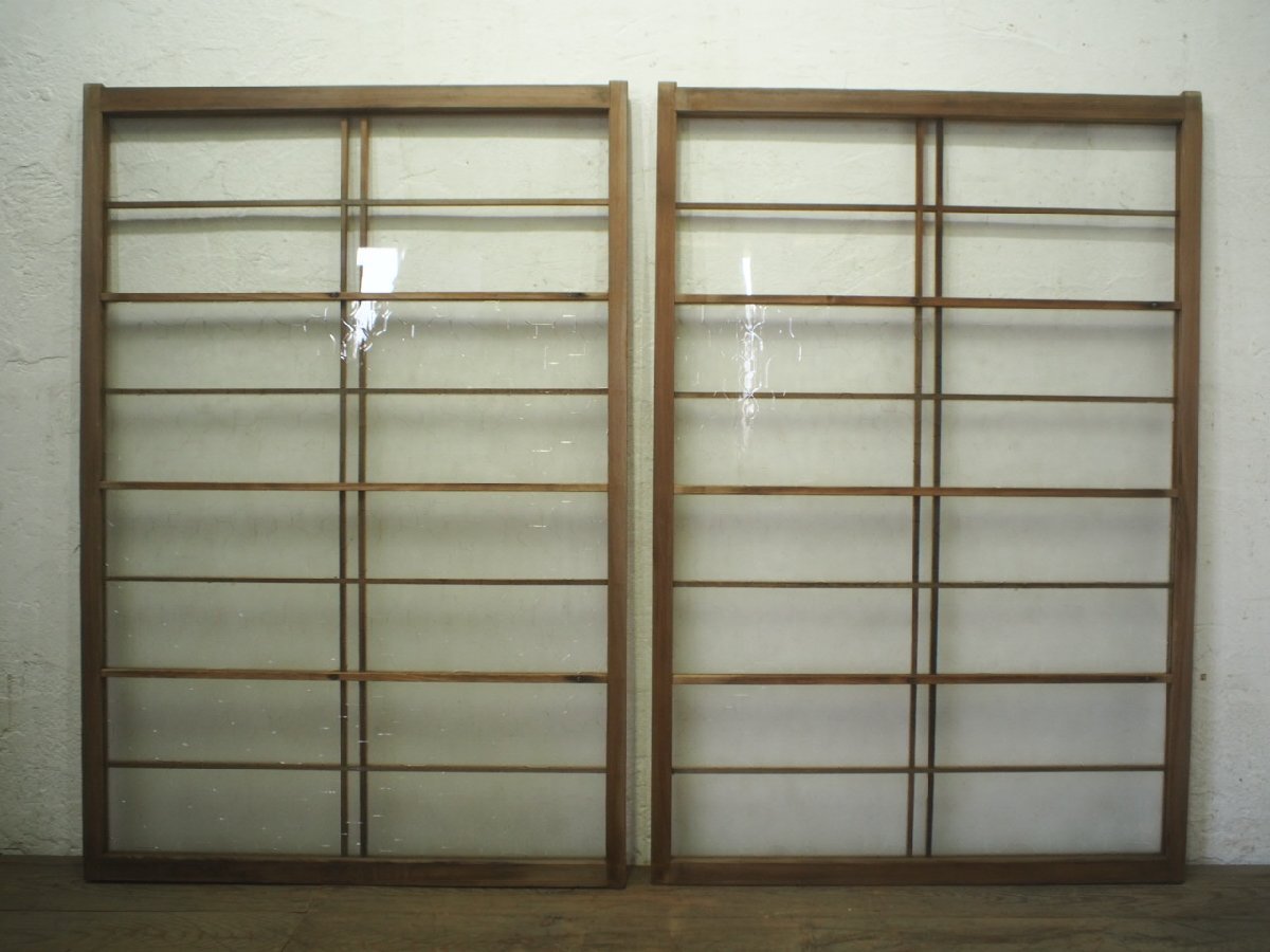 taQ0451*(1)[H131cm×W90cm]×2 sheets * Showa Retro . design glass. old tree frame sliding door * fittings glass door sash old Japanese-style house Vintage L under 
