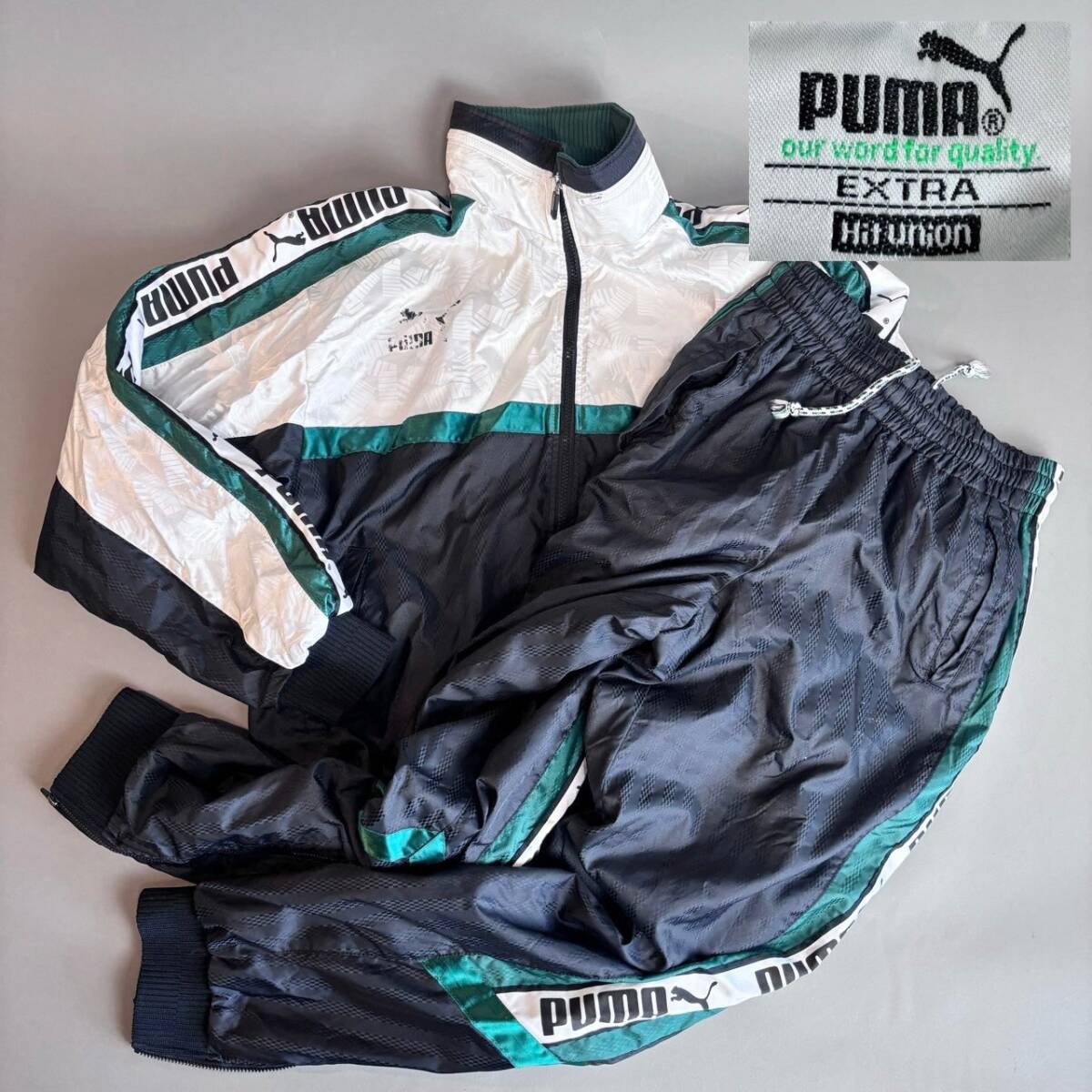 YM206 PUMA プーマ ナイロンジャージ Lサイズ ヒットユニオン 白/黒/緑 サイドロゴ 当時もの 日本製 PXW-5555 裾ジップ (検)古着 スポーツ_画像1