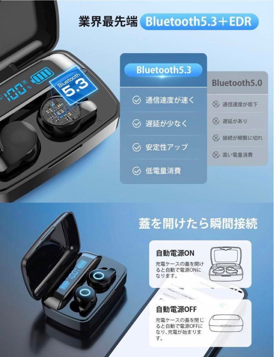 bluetooth イヤホン Bluetooth5.3+EDR ワイヤレスイヤホン ハイレゾ音質 大容量充電ケース イヤフォン 黒