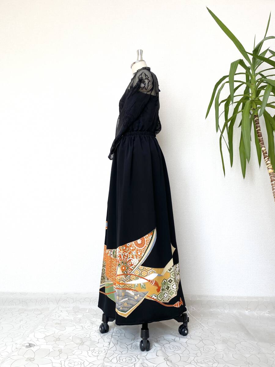  kurotomesode kimono remake waist rubber long skirt free shipping free size kurotomesode kimono remake waist rubber long skirt free size NO.1968