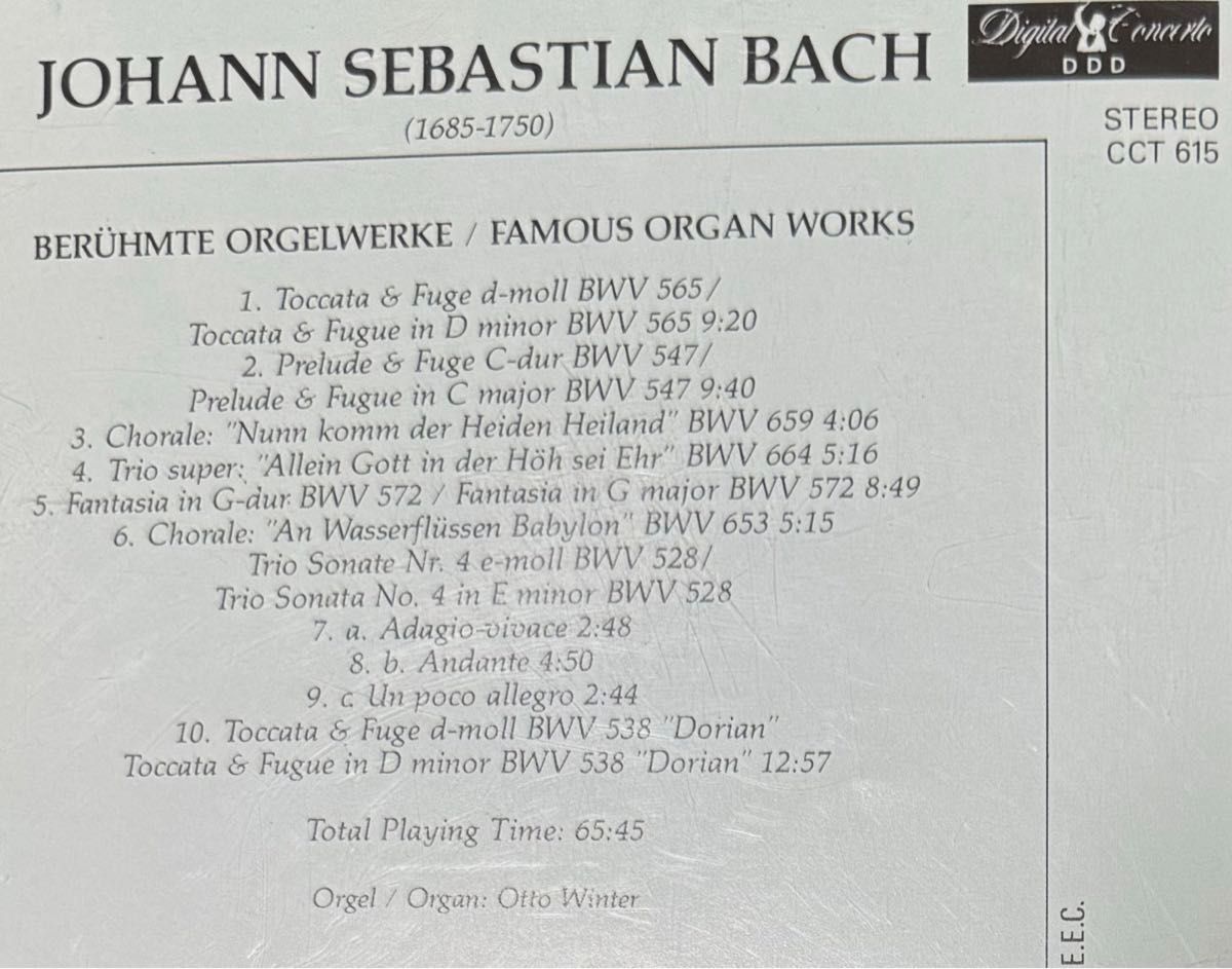 ミュージックCD  クラシック　ヨハン・セバスチャン・バッハ作曲　有名なオルガン作品　ドッカータとフーガ他