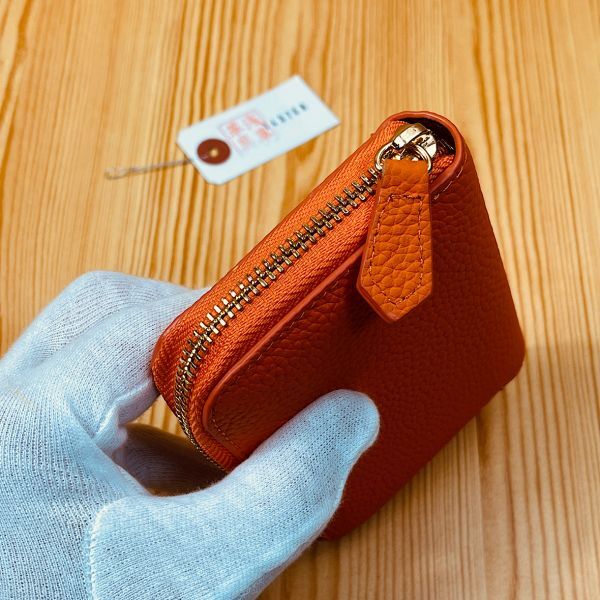 [.. leather .] middle wallet coin case Italian leather cow leather original leather cow leather new goods compact purse Smart purse orange 