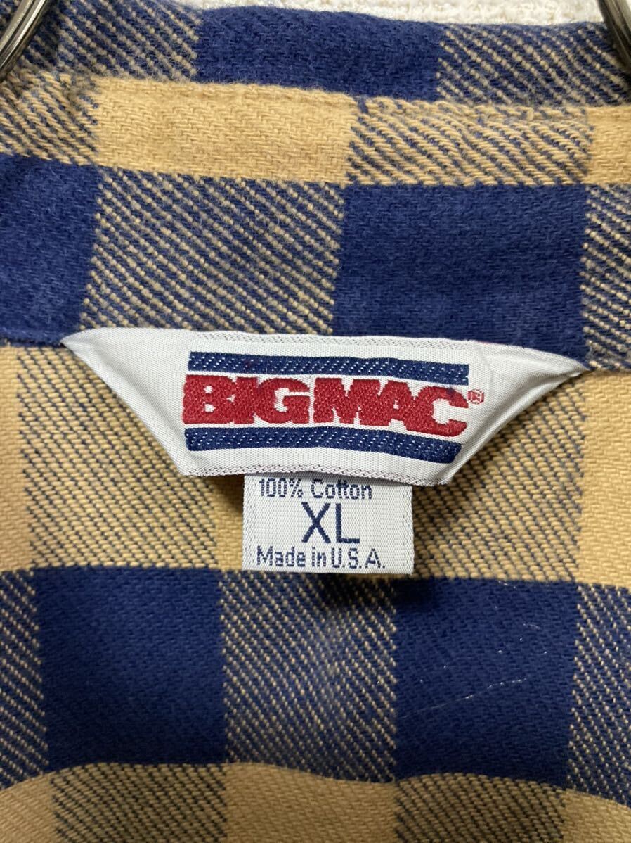 サイズXL！80s BIGMAC ビッグマック ネルシャツ 長袖 ブロックチェック ビンテージ アメカジ USA製 ネイビー マスタード☆70s 60s オンブレの画像3