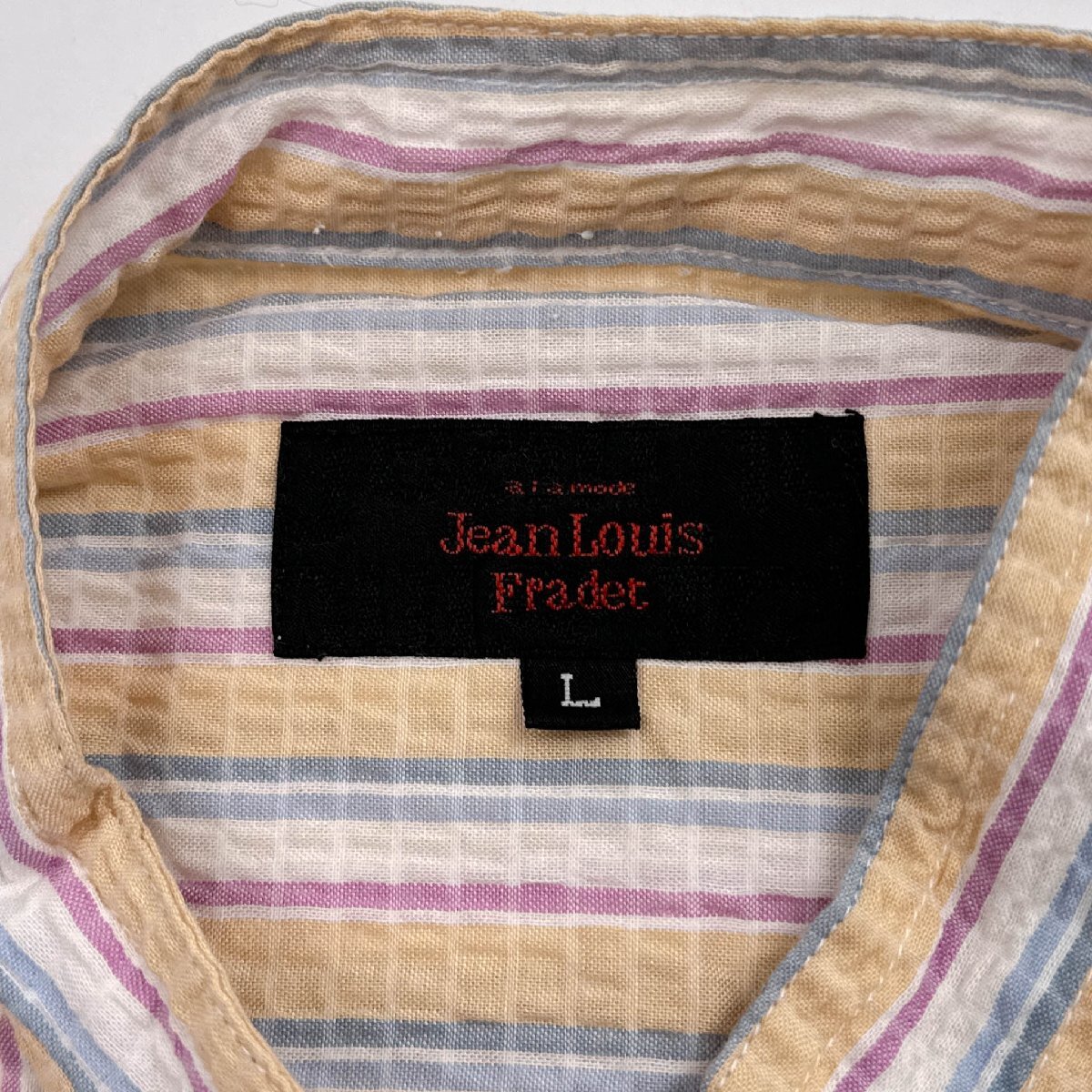 Jean Louis Fradet キャラ刺繍入り シアサッカー バンドカラー 半袖 シャツ L /マルチ/メンズ/ストレッチの画像4