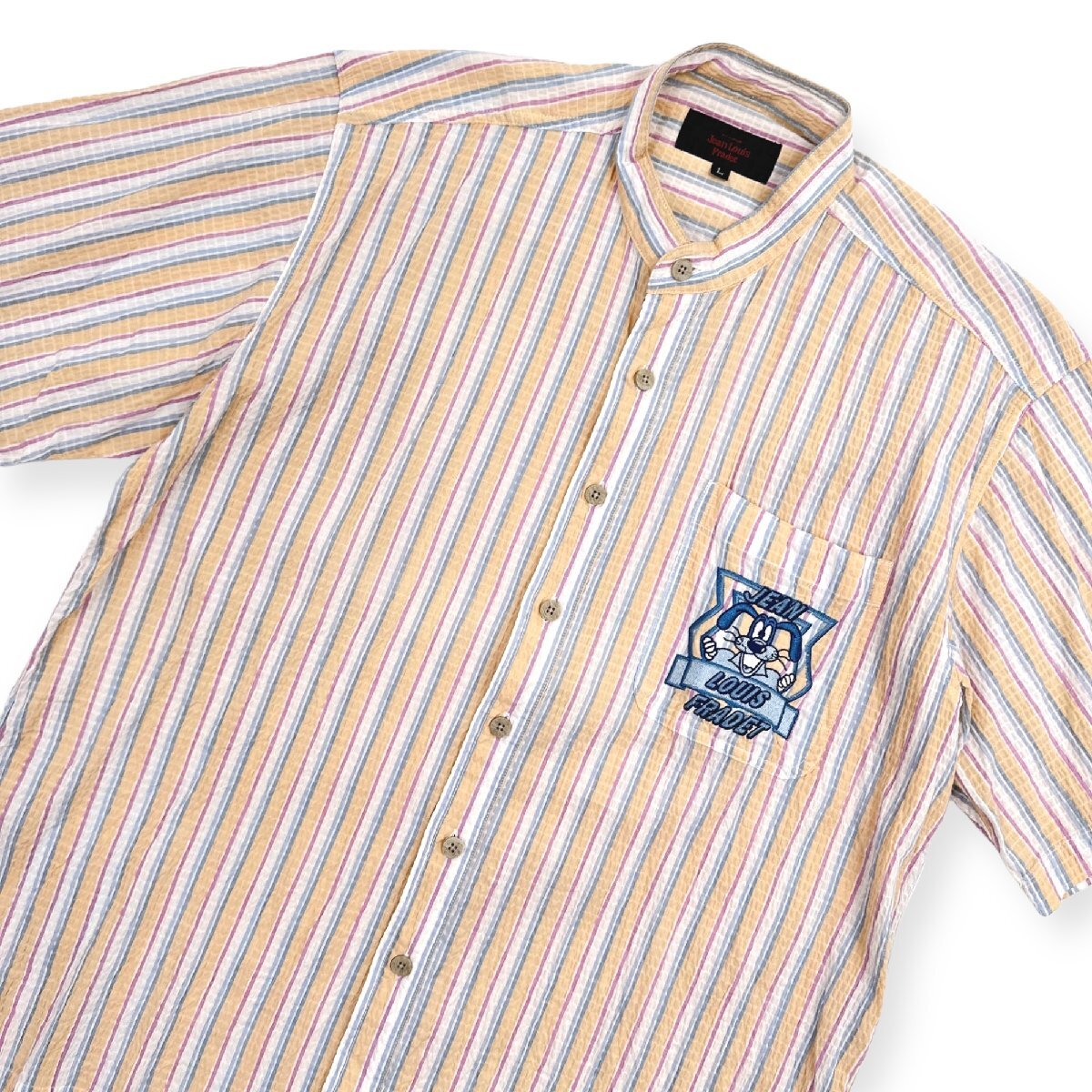 Jean Louis Fradet キャラ刺繍入り シアサッカー バンドカラー 半袖 シャツ L /マルチ/メンズ/ストレッチの画像1