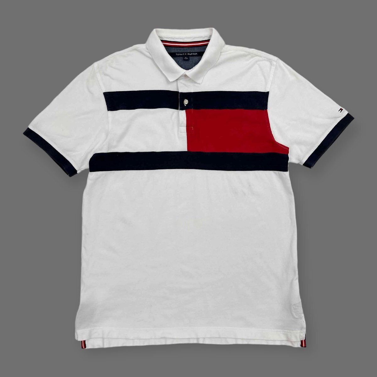 TOMMY HILFIGER トミーヒルフィガー フラッグ デザイン 鹿の子 半袖 ポロシャツ XL /白/ホワイト/メンズ/ビッグサイズ_画像1