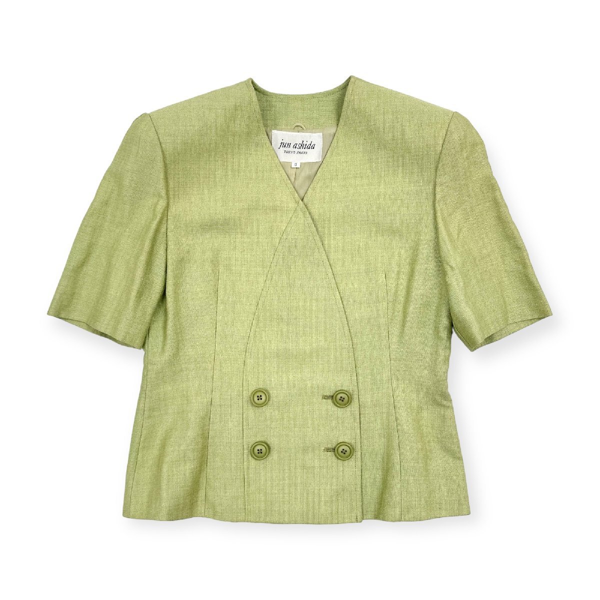 jun ashida ジュンアシダ ノーカラー 半袖 ジャケット サイズ 9 /黄緑 レディース_画像1