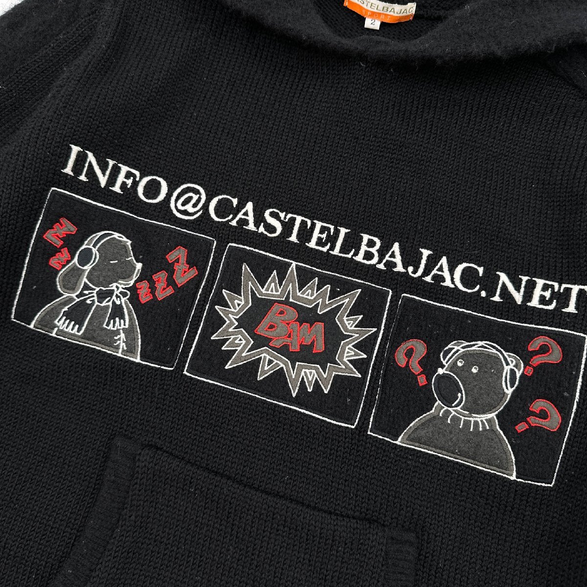 CASTELBAJAC カステルバジャック BIGキャラ刺繍 フード付き ウールニットセーター サイズ 2 / 黒 ブラック ライカ レディース_画像4