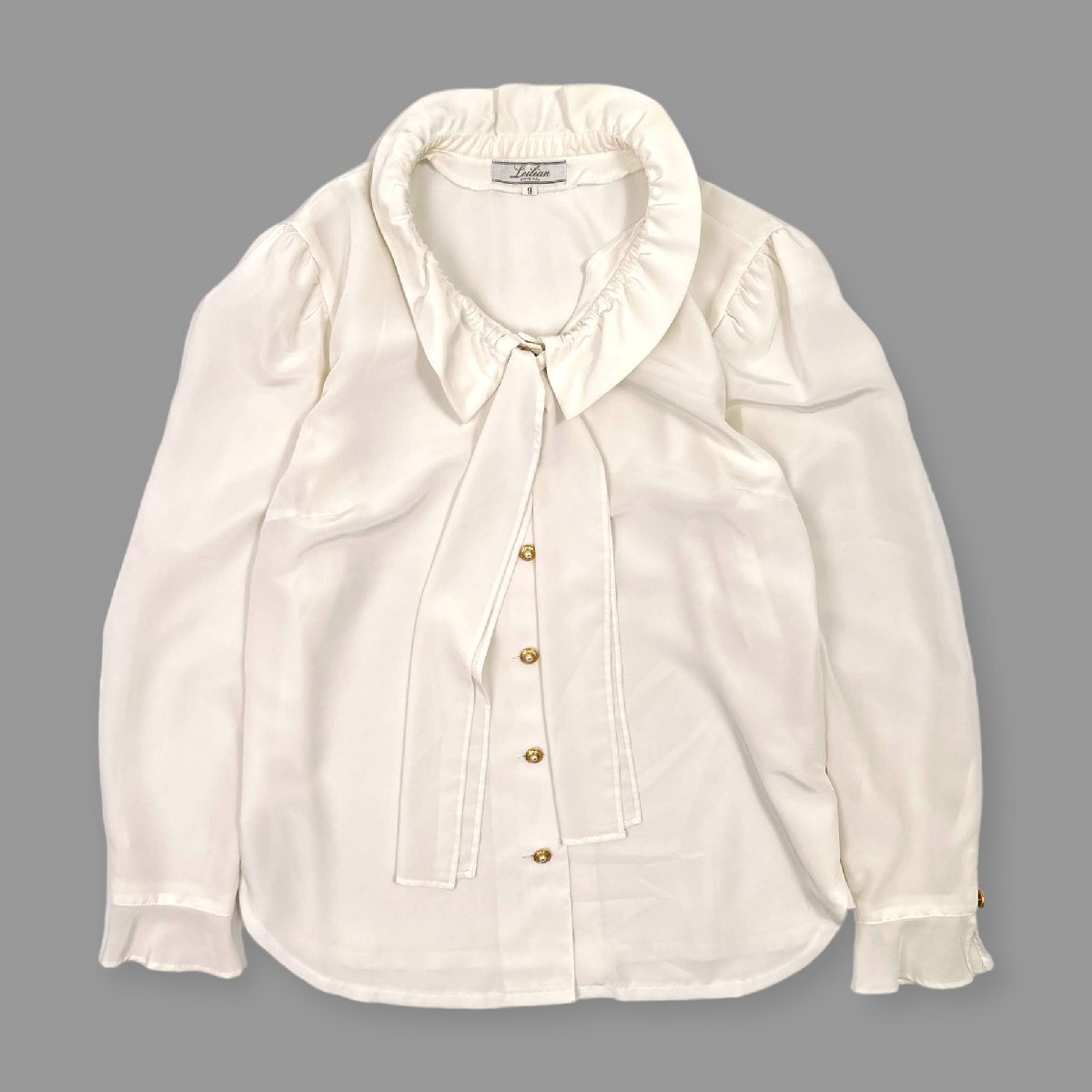 Leilian レリアン ボウタイ フリル リボン 長袖 ブラウス シャツ デザインボタン サイズ 9 / 白 ホワイト レディース 日本製_画像2