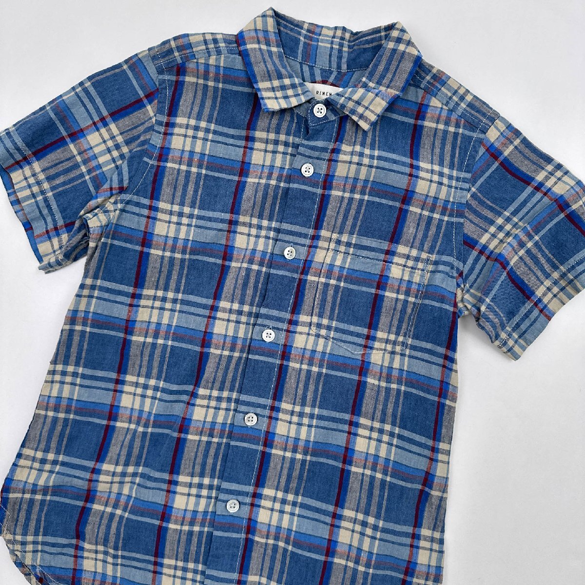 RINEN リネン 麻100% マドラスチェック 半袖シャツ サイズ 0/ブルー 系 日本製 TRIP_画像2