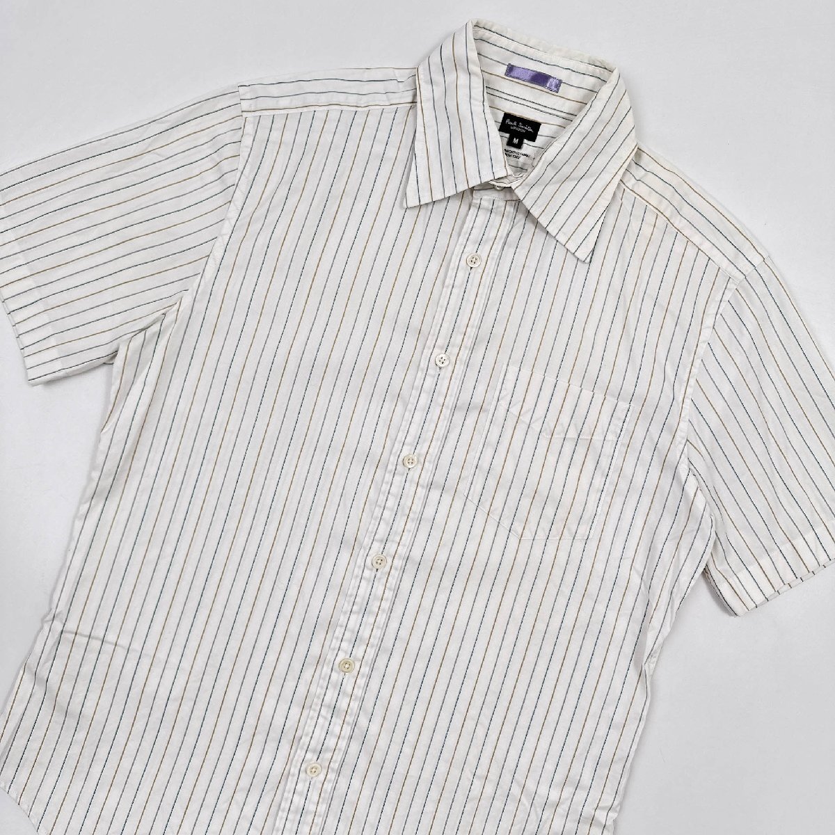 Paul Smith ポールスミス イタリア製生地 ストライプ 半袖シャツ ドレスシャツ Mサイズ/ホワイト系/メンズ/日本製_画像2