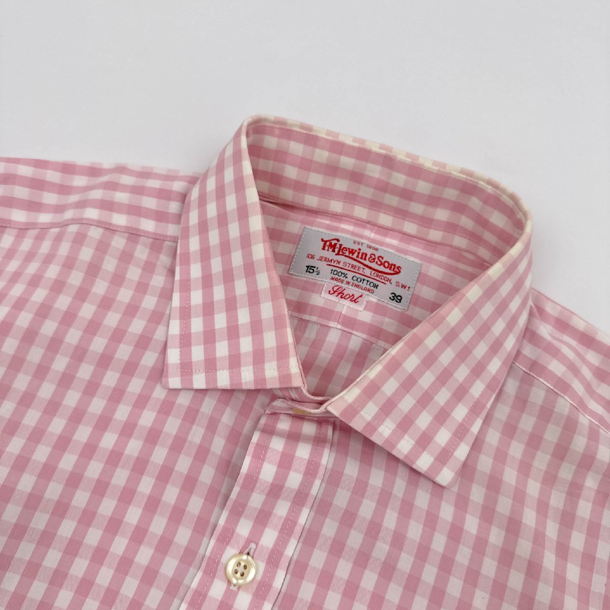 英国製◆T.M.Lewin&Sons ダブルカフス ギンガムチェック ワイシャツ ドレスシャツ 15 1/2 39 ピンク×白 イングランド製_画像3
