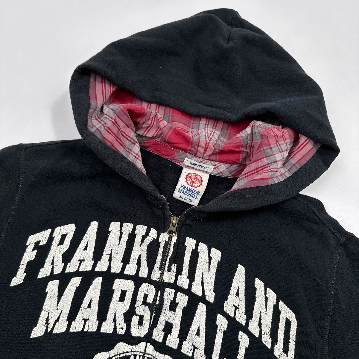  Italy made *FRANKLIN & MARSHALL hood reverse side check double Zip sweat Parker M/ black / black / men's / reverse side nappy 