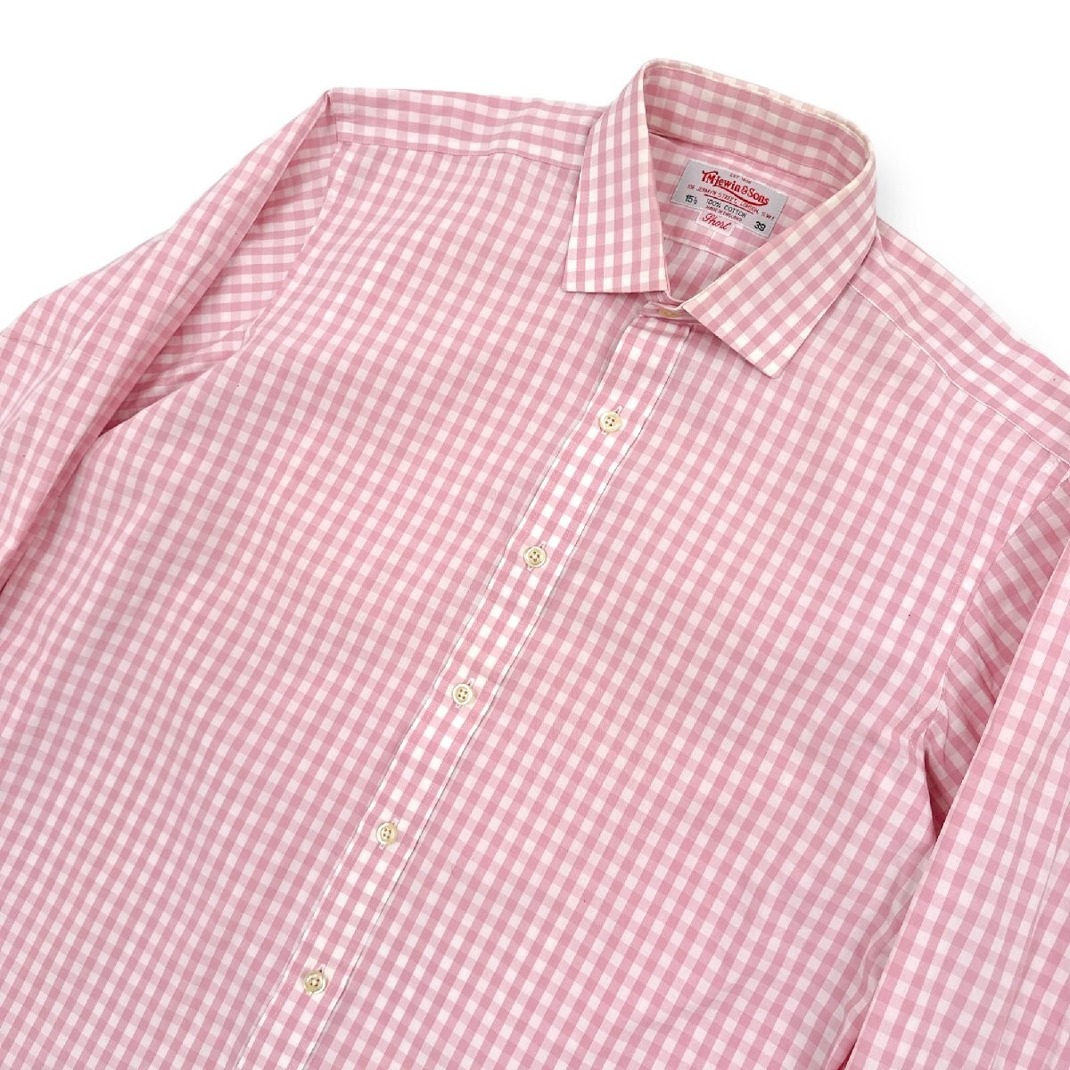 英国製◆T.M.Lewin&Sons ダブルカフス ギンガムチェック ワイシャツ ドレスシャツ 15 1/2 39 ピンク×白 イングランド製_画像2