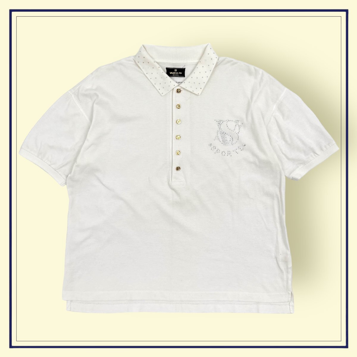 ラインストーンデザイン◆VALENZA PO バレンザポー 金ボタン 半袖 ポロシャツ 40 / 白 ホワイト レディース 日本製_画像1