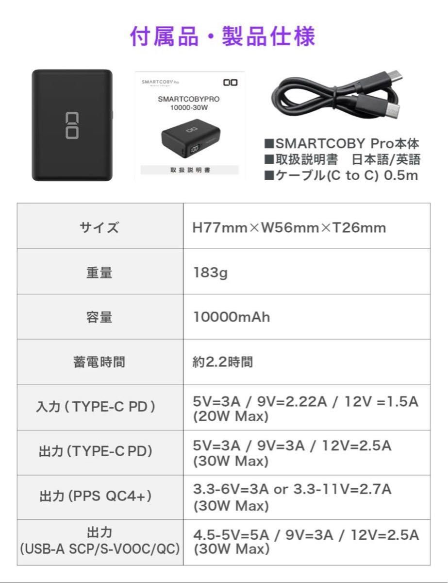 SMARTCOBY Pro 30W  クレジットカードサイズの30W高出力 10000mAh モバイルバッテリー