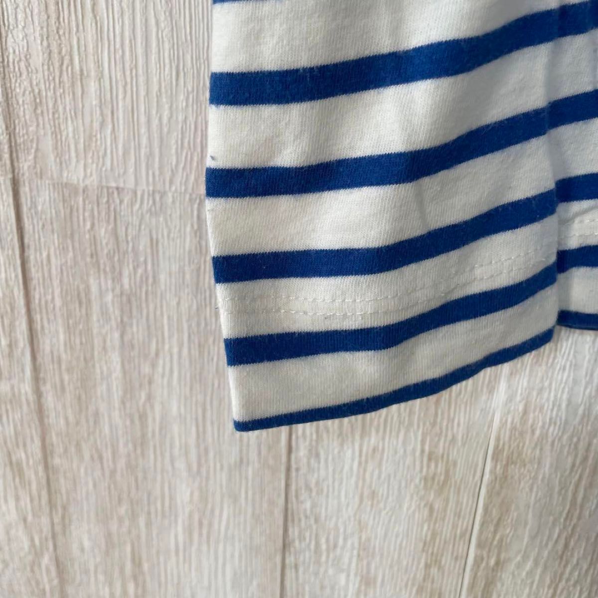 【ニコアンド】ドロップショルダー ボーダー カットソー/クルーネック/体型カバー 半袖 Tシャツ ホワイト ブルー オーバーサイズ
